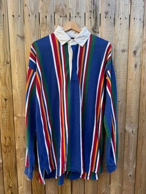 Vintage Eddie Bauer Multicolor Striped Rugby Polo with White Collar